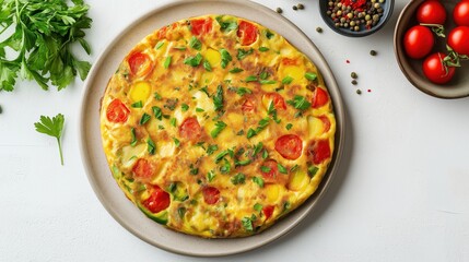 Spanish Omelet (Tortilla Española) Top View on White Background