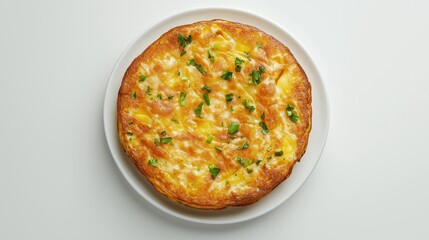 Homemade tortilla de patatas with eggs and herbs on white plate, top view