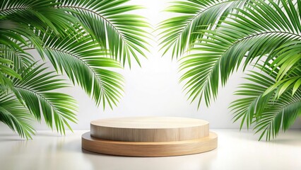 Tropical Summer Product Mockup: Elegant Wooden Podium with Palm Leaves
