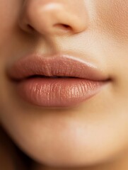 Obraz premium Close-up of woman's lips with subtle smile, natural lighting, warm background, effortless beauty