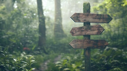 Wooden directional signpost indicating paths in a lush green forest landscape