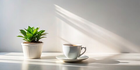Vintage Coffee & Plant Sunlight Minimalist Photo - White Table Still Life