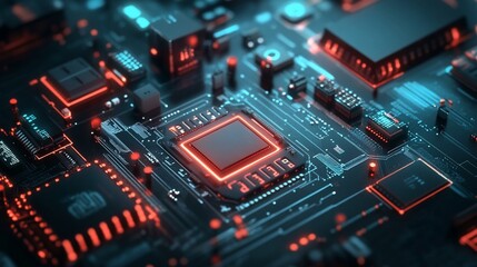 Fototapeta premium Illuminated Circuit Board: Future Technology and Artificial Intelligence Concept