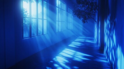 a low lit blue hallway, with windows and moonlight with tree shadows 