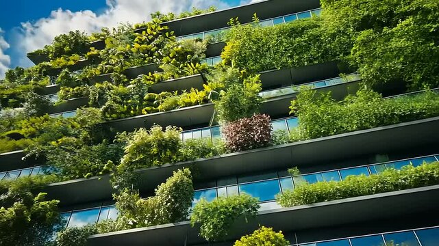 Vertical garden on a modern building fa?ade showcasing lush greenery against a blue sky