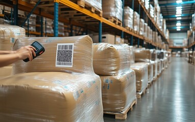 Scanning Packages in a Large Warehouse, Rows of Pallets Filled with Goods Ready for Distribution
