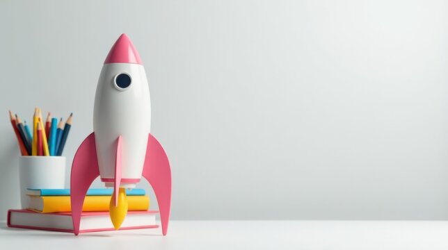 A playful pink rocket ship poised for liftoff, rests atop a stack of colorful books and pencils, symbolizing educational aspirations and the exciting journey of learning.