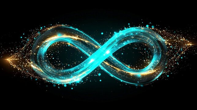An elegant infinity symbol in turquoise, illuminated against a dark backdrop.