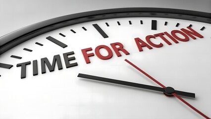 Time for Action written in bold red on a minimalist clock face, symbolizing urgency, time management and determination for achieving goals and success