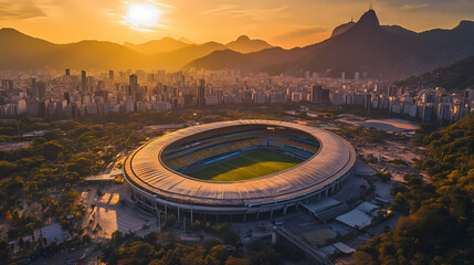 Maracana Stadium at Sunset: An aerial panorama of the iconic Maracana stadium bathed in the golden light of sunset.