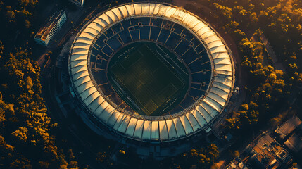Fototapeta premium Stadium from Above: Capturing the grand scale and architectural majesty of a stadium from a bird's-eye perspective, highlighted with shadows, showcasing a dynamic fusion of sport and design.