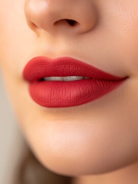 Close-up of woman�s lips with matte red lipstick, neutral blurred background, high-end beauty portrait, shot with macro lens for detail