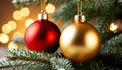 Christmas Ornaments on Snowy Branch with Golden Bokeh Lights