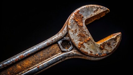 Rusty Wrench Macro Photography: Weathered Metal Tool Closeup on Black