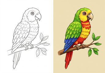 Split image of a parrot, with a black and white drawing on the left and a colored version on the right