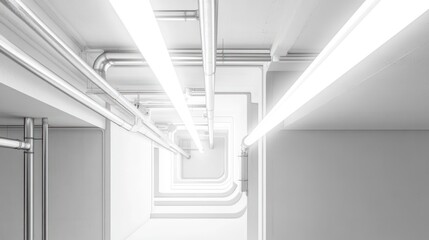 Obraz premium Bright white industrial stairwell, pipes, fluorescent lighting, clean architecture, background for design