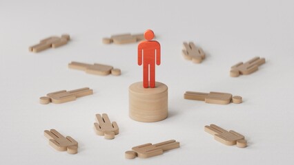3D illustration of pawns fallen on floor and a red one protected by a Wooden round table. Individual protection and insurance concept.3D rendering on white background.