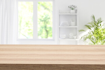 Fototapeta premium Empty top wooden table with white window overlooking nature view background 3d render the table located by white window
