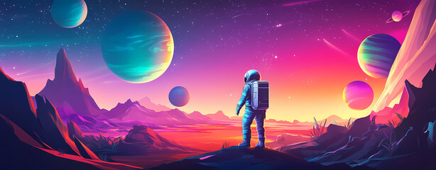 Fototapeta premium Astronaut's Cosmic Vantage: Witness the awe-inspiring expanse of the cosmos as an astronaut stands at the edge of an alien planet, gazing upon a breathtaking vista of colorful nebulae.