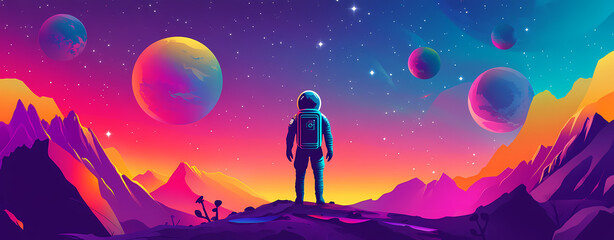 Cosmic Explorer: A solitary astronaut gazes upon a mesmerizing vista of colorful planets and nebulae, symbolizing exploration, ambition, and the vastness of space.