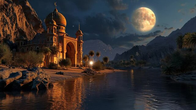 Oriental palace with golden dome beside river reflecting moonlight in mountain desert valley at night. Travel concept
