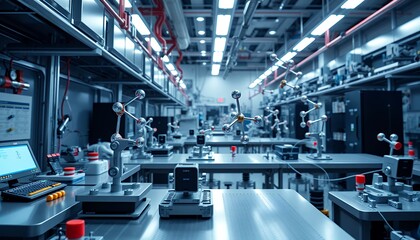 Obraz premium Modern Laboratory Interior With Blue And White Equipment