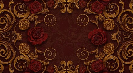 Opulent Red Roses and Gilded Rococo Ornament Wallpaper Design