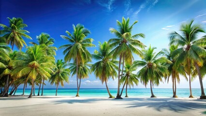 Double Exposure Tropical Beach Paradise: Palm Trees, Clear Sky, Ocean Sunset