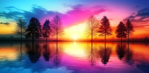 Sunset Reflection: A vivid and vibrant sunset bathes a tranquil lake with radiant colors, the silhouettes of trees elegantly mirrored in the still water.