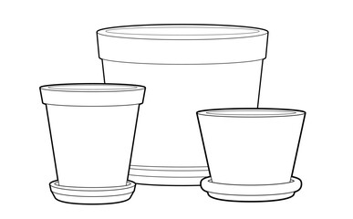 Clay pots. Flowerpot. Vector illustration isolated on white. Black line. Coloring page.