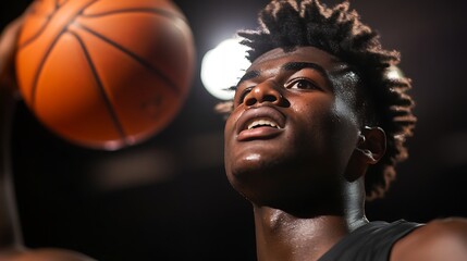 High-speed capture of basketball player dunking with dramatic overhead lighting, intense athletic expression