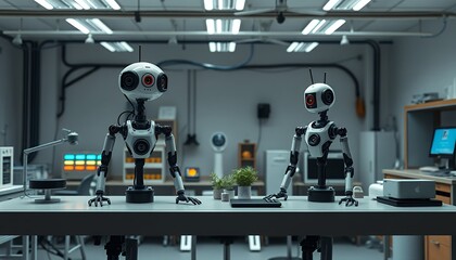Two Robotic Figures on a Laboratory Desk