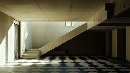 Obraz premium Modern house interior, staircase, sunlight, checkered floor, architectural design