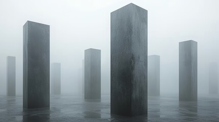 Mysterious Concrete Pillars in a Foggy Landscape: A Surreal Digital Art Piece