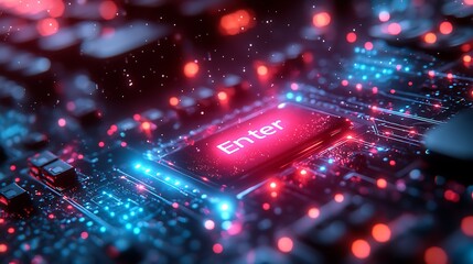 Glowing "Enter" Button on a Futuristic Circuit Board with Red and Blue Lights, representing advanced technology.