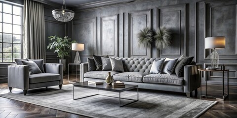 Fototapeta premium Elegant Architectural Photography Showcasing Grey Velvet Texture in Modern Interiors and Exteriors, Highlighting Luxury Design Elements and Textural Contrast for Stunning Visual Appeal