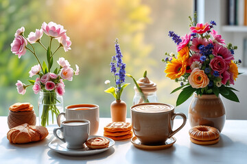 A delightful table setting with coffee, pastries, and vases of colorful flowers, bathed in soft, bright light from a window.