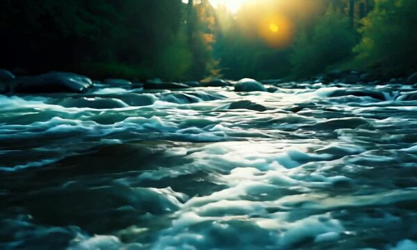 Flowing water among smooth rocks in a natural riverbed