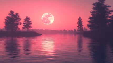A beautiful lake reflecting a full moon on a tranquil evening