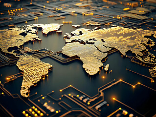 Abstract 3D Render Of Illuminated World Map On Circuit Board