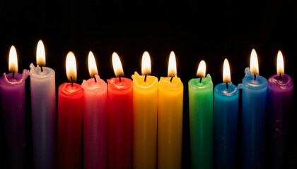 Colored candles glowing against a black background