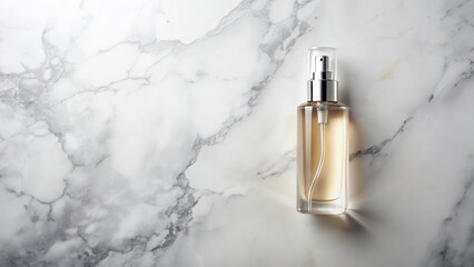 Surreal Bird's Eye View of Finishing Mist Bottle on Marble, Wide-Angle Landscape with Fresh Splash Effect for Creative Design Elements and Copy Space