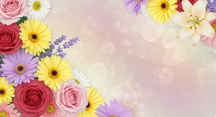 Obraz premium Vibrant Floral Border Design: A Stunning Arrangement of Roses, Gerbera Daisies, and Lilies