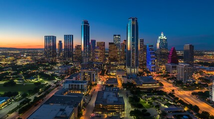 Obraz premium Nighttime time-lapse of a cityscape with illuminated skyscrapers, vibrant urban glow with city lights and skyscrapers