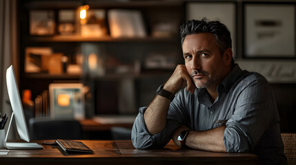 Business leadership reflection modern office portrait photography cozy environment thoughtful viewpoint creativity unleashed