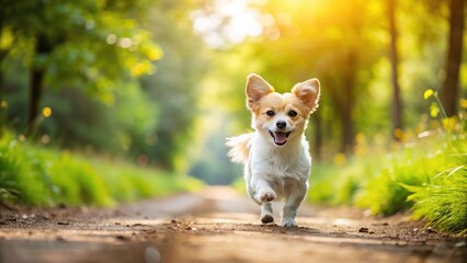 Fototapeta premium Happy Dog Park Walk: Candid Photo of Small Dog on Dirt Trail