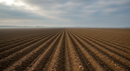 Vast Plowed Field Under a Cloudy Sky: Agricultural Landscape Photography
