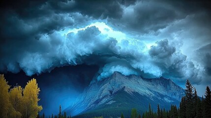 Dramatic storm clouds gather over majestic mountain landscape with vibrant autumn trees below