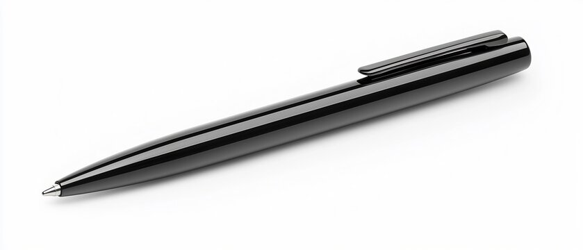 Elegant ballpoint pen in glossy black finish isolated against a white backdrop