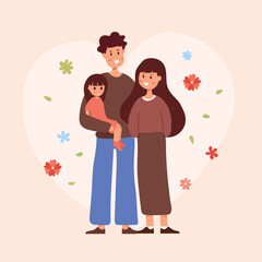 A vector of family stands together, consisting of a father, mother and child, with the father holding the child in his arms and flowers floating with heart and light background.
